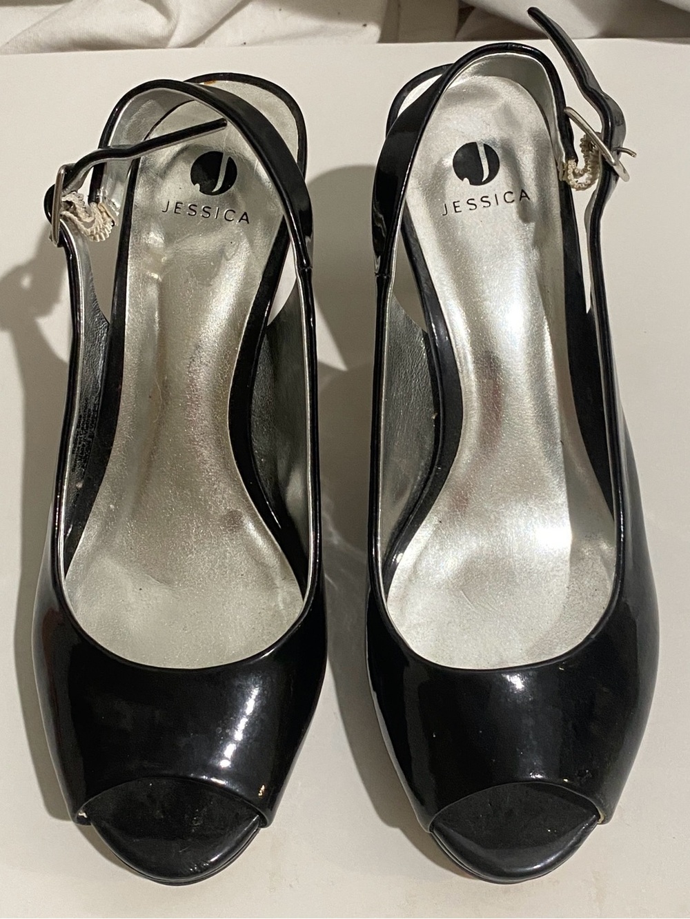 Jessica Women's 7 Glossy Shine Black Retro Y2K Goth Peep Toe Platform Heels